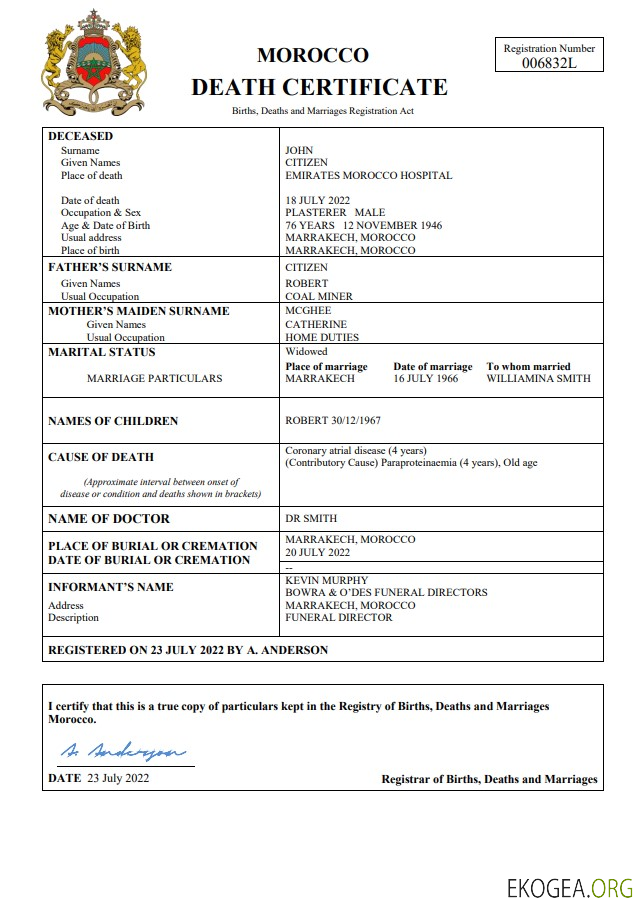 Modèle Word et PDF de certificat de décès de l'état civil du Maroc